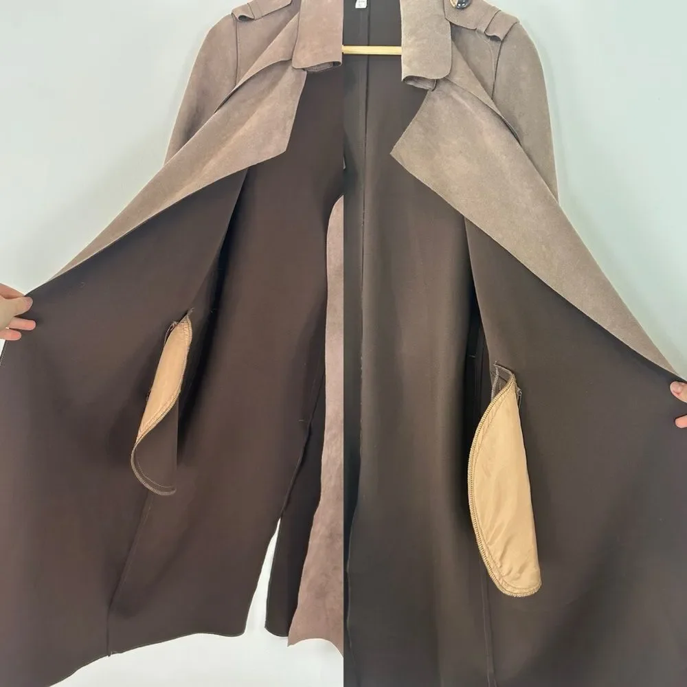 Faux Suede Elegant Belted Trench Coat - Picture 7 of 8